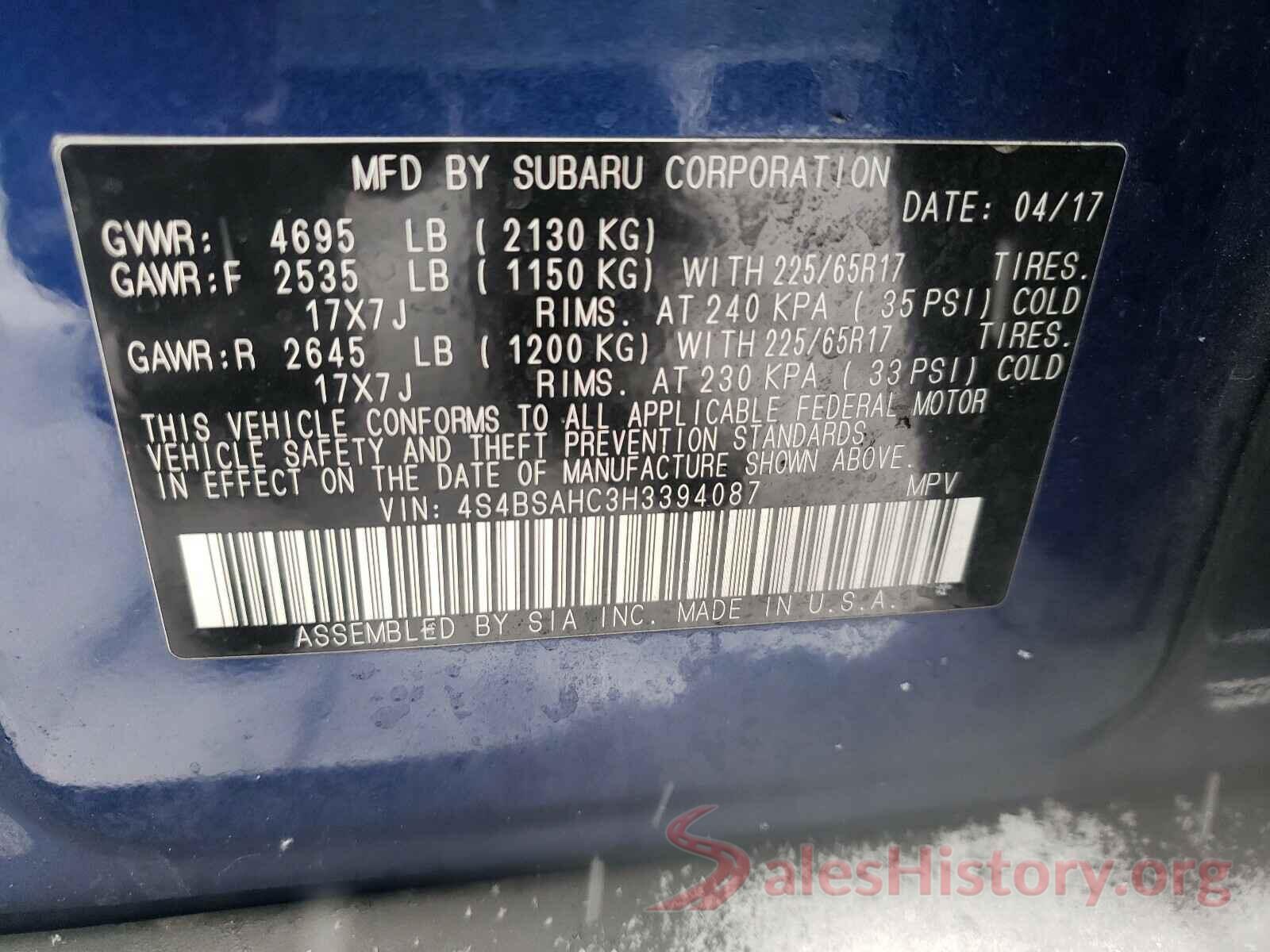 4S4BSAHC3H3394087 2017 SUBARU OUTBACK