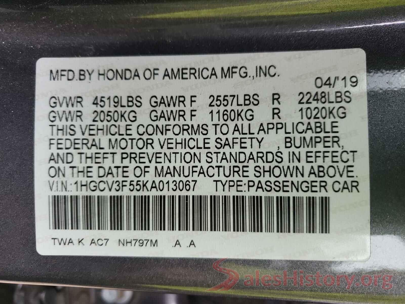 1HGCV3F55KA013067 2019 HONDA ACCORD