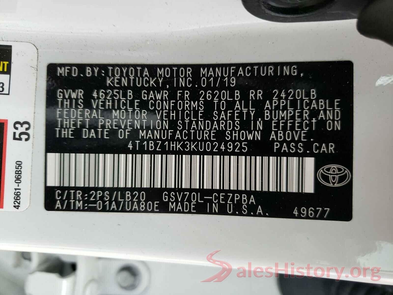 4T1BZ1HK3KU024925 2019 TOYOTA CAMRY