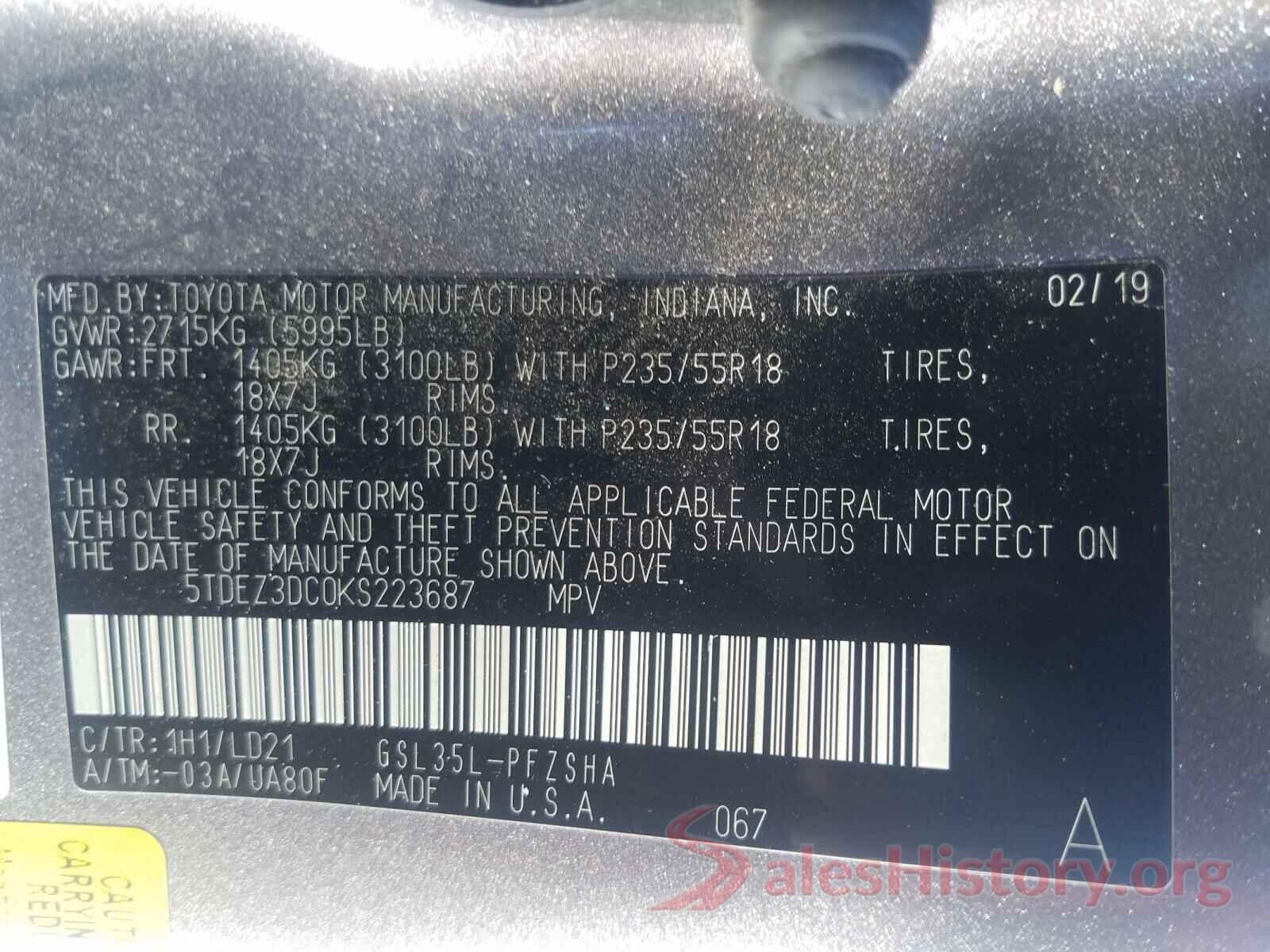 5TDEZ3DC0KS223687 2019 TOYOTA SIENNA