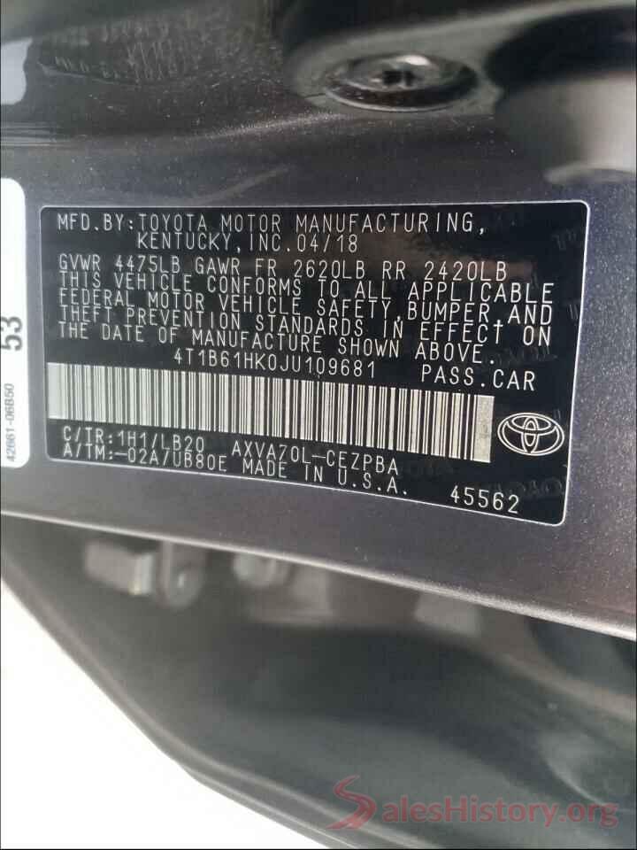 4T1B61HK0JU109681 2018 TOYOTA CAMRY