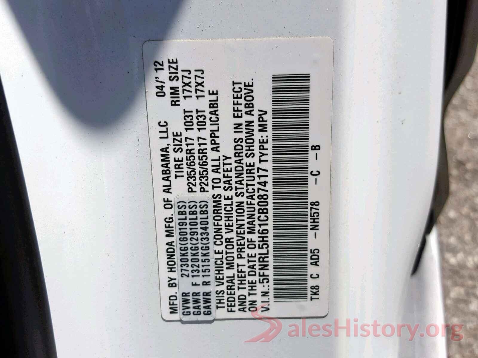 5FNRL5H61CB087417 2012 HONDA ODYSSEY EX