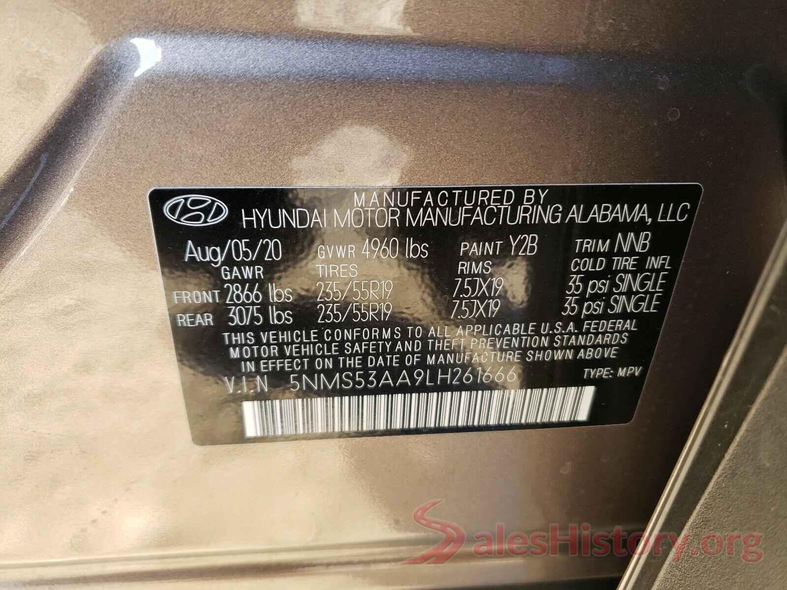 5NMS53AA9LH261666 2020 HYUNDAI SANTA FE