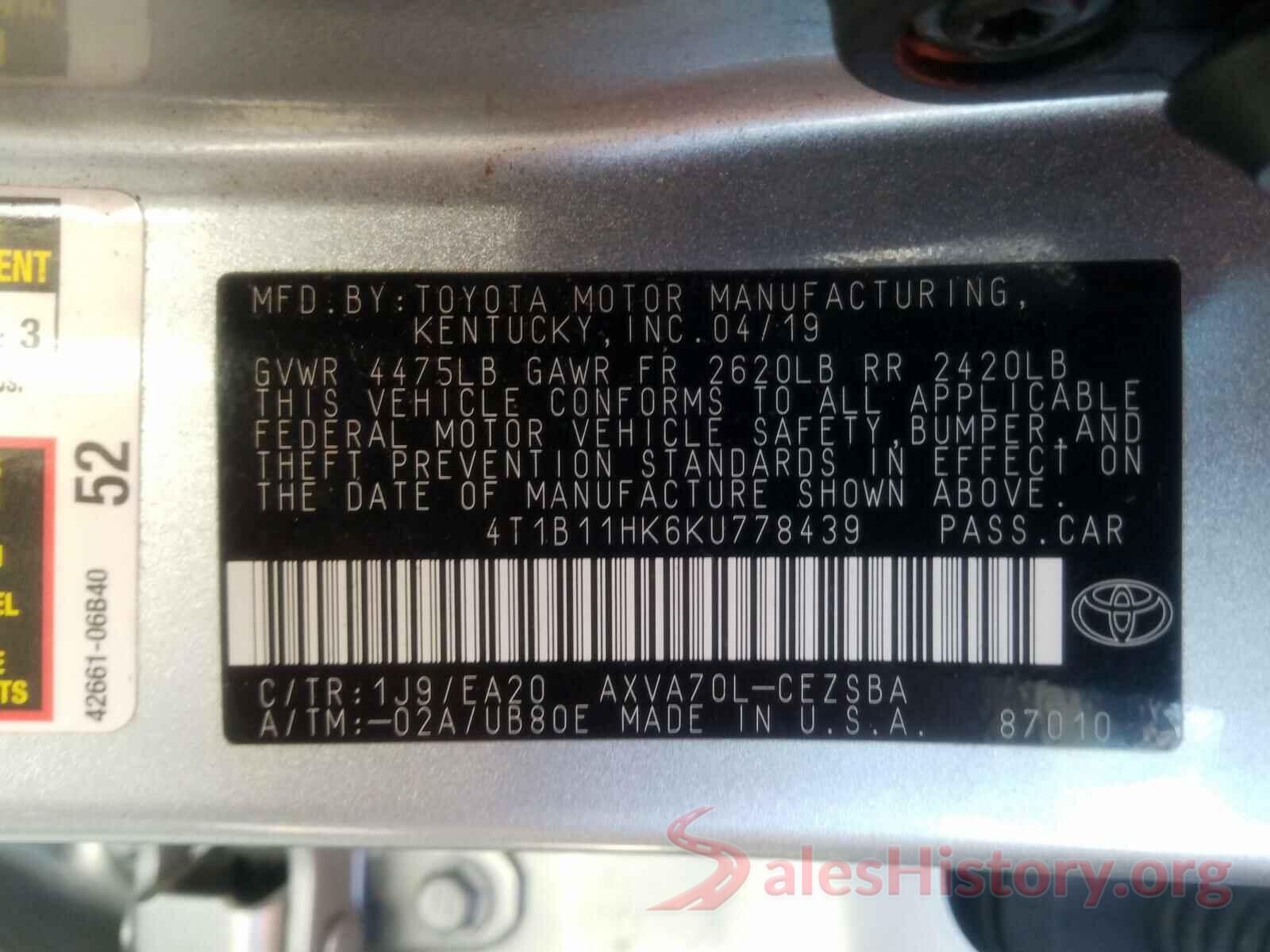 4T1B11HK6KU778439 2019 TOYOTA CAMRY