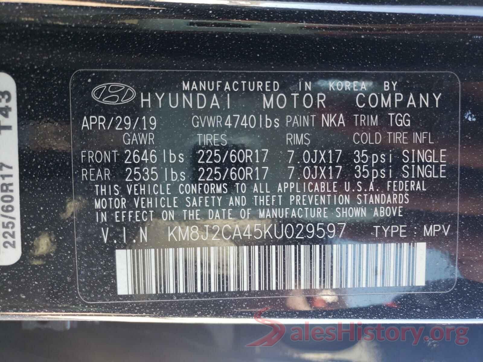 KM8J2CA45KU029597 2019 HYUNDAI TUCSON