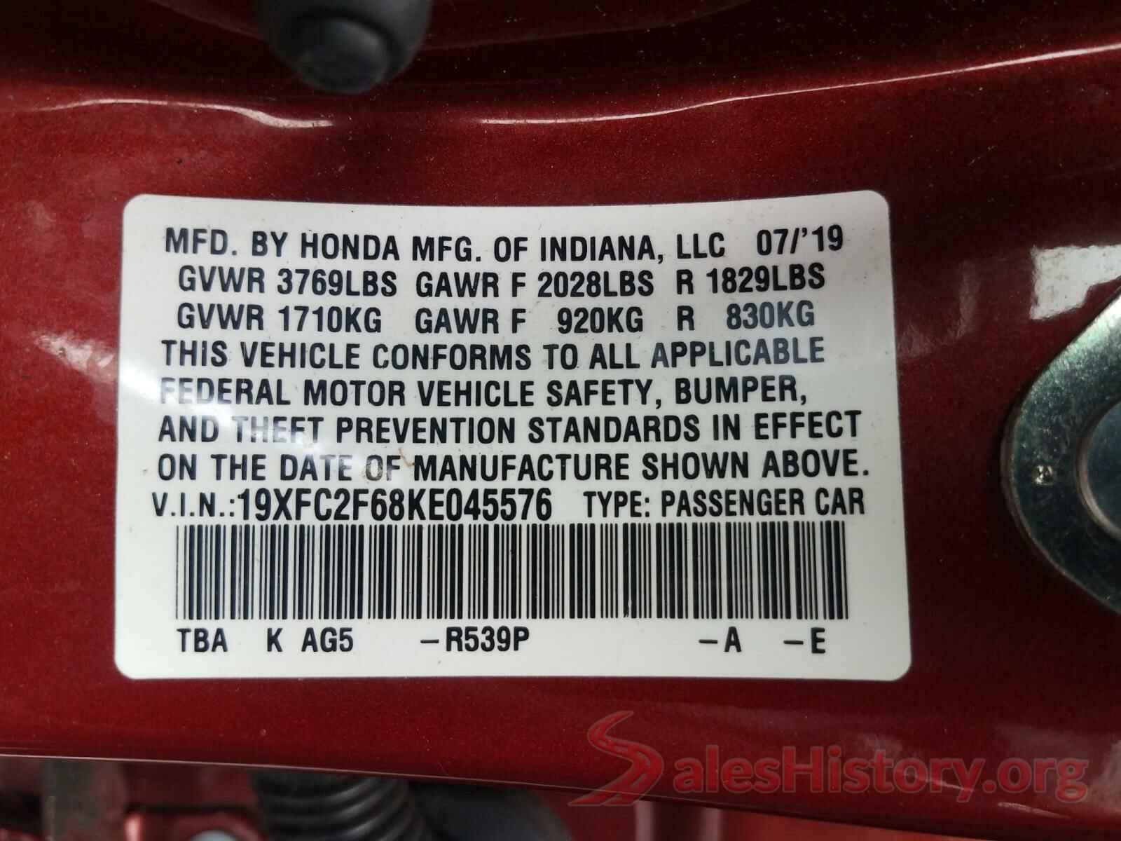 19XFC2F68KE045576 2019 HONDA CIVIC