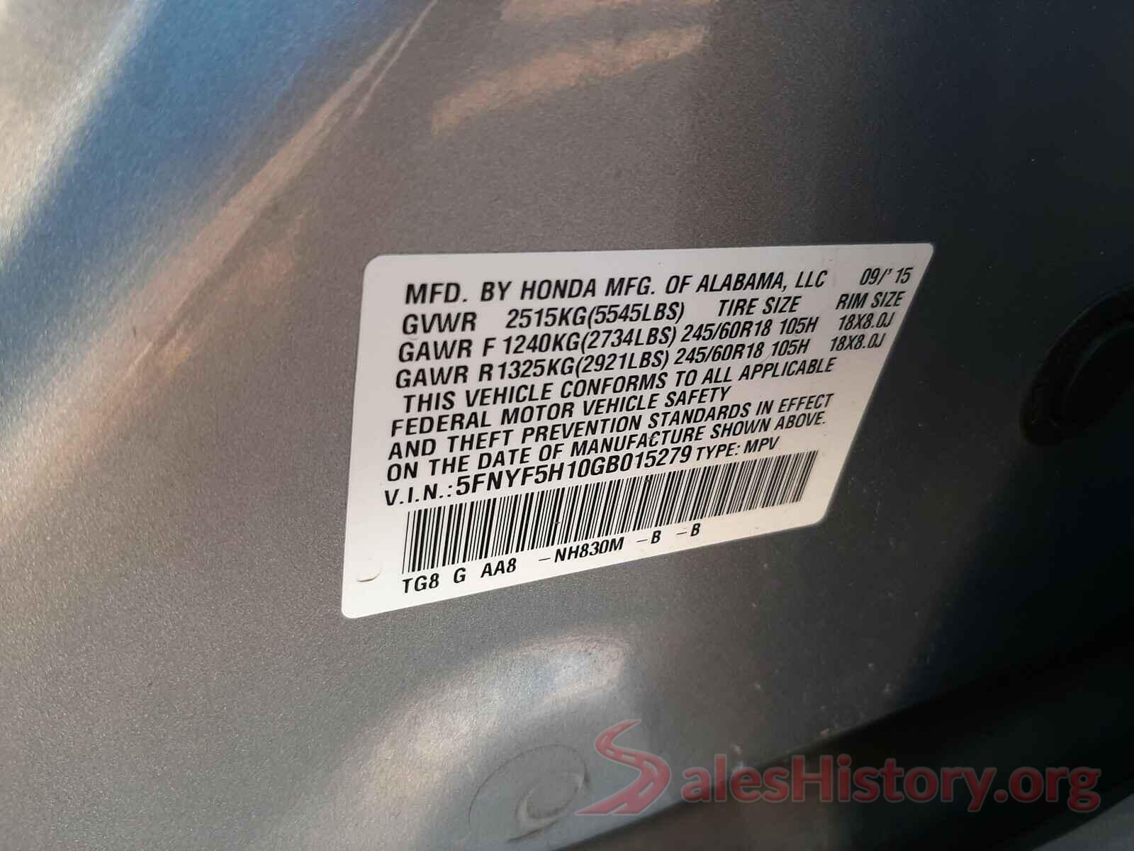 5FNYF5H10GB015279 2016 HONDA PILOT