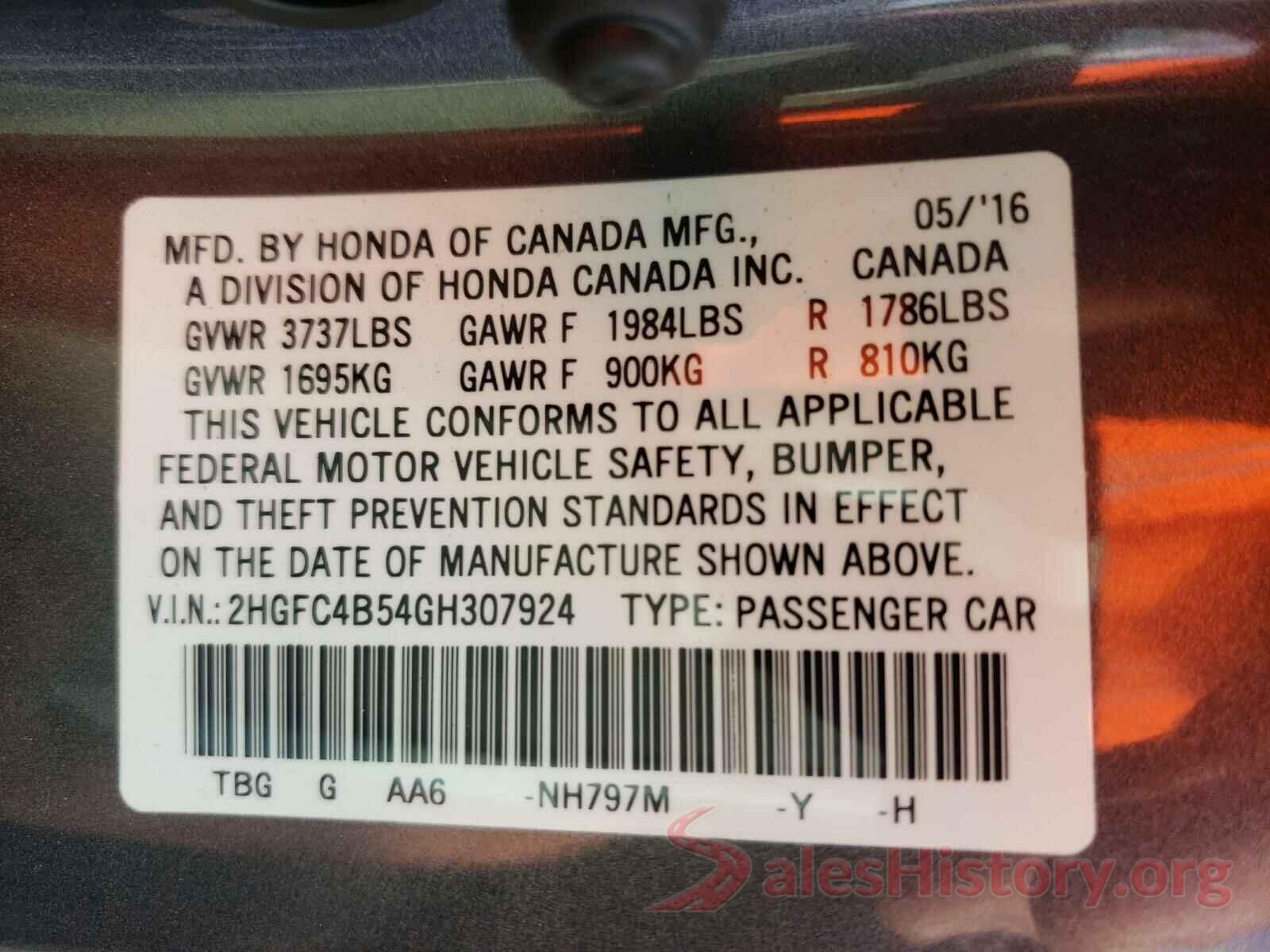 2HGFC4B54GH307924 2016 HONDA CIVIC