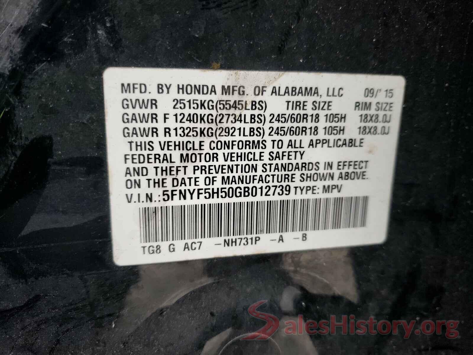 5FNYF5H50GB012739 2016 HONDA PILOT