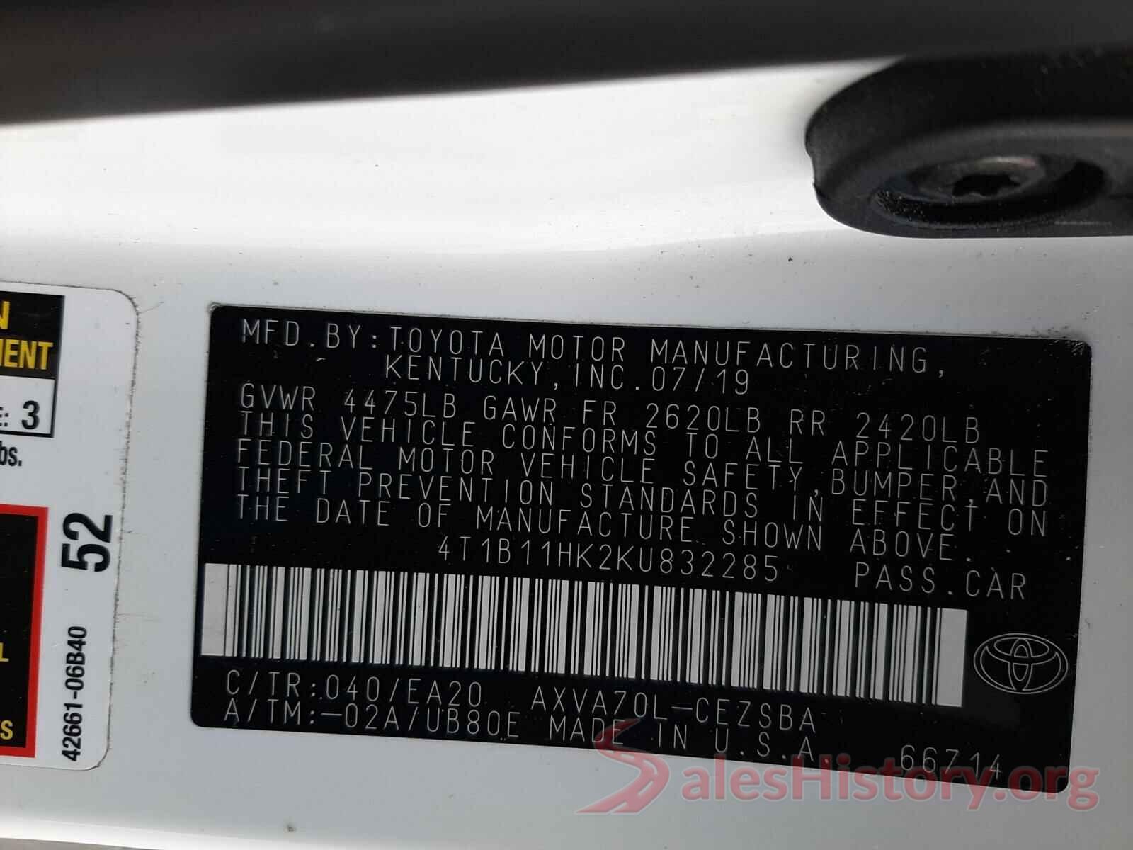 4T1B11HK2KU832285 2019 TOYOTA CAMRY