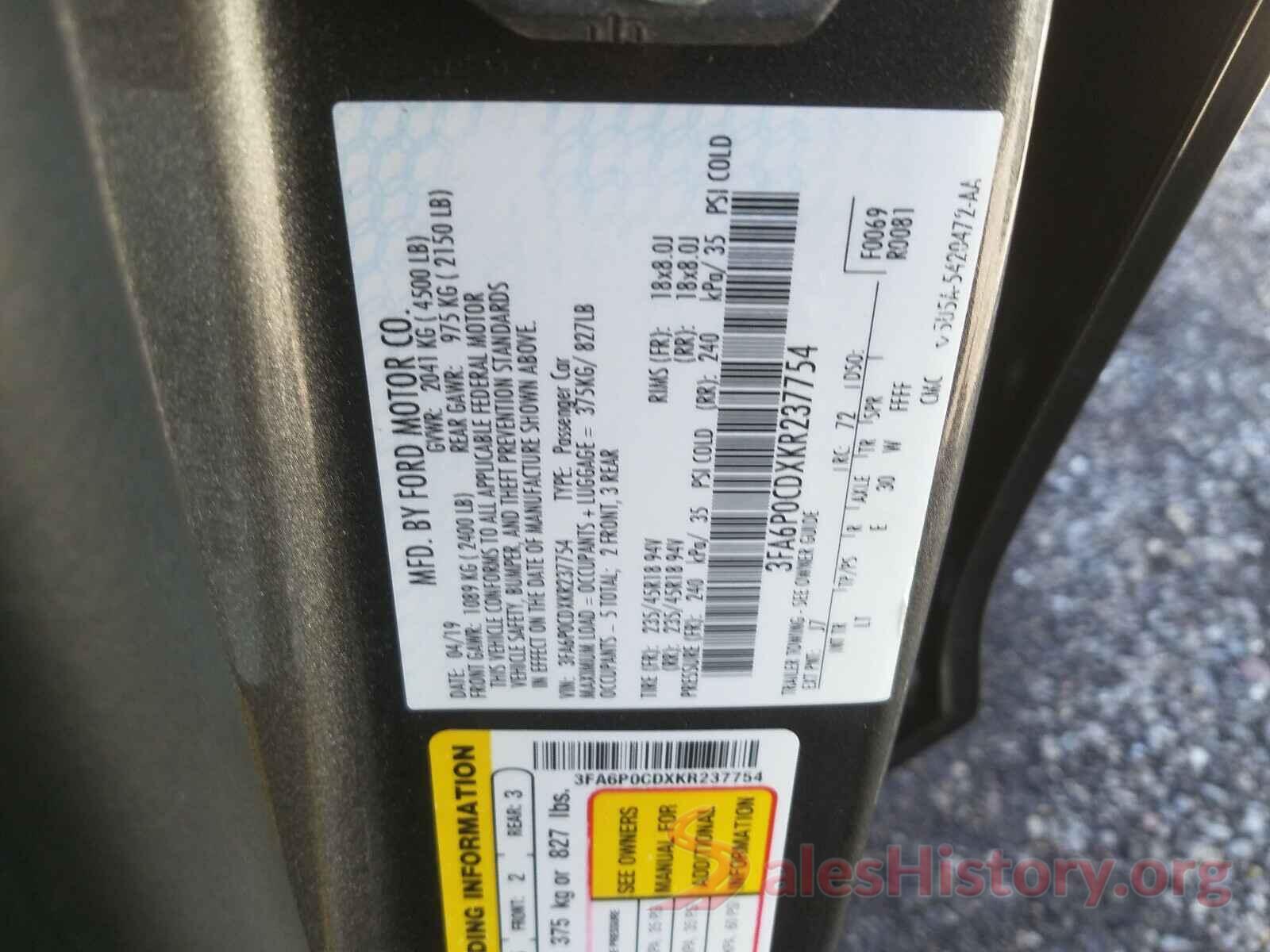 3FA6P0CDXKR237754 2019 FORD FUSION