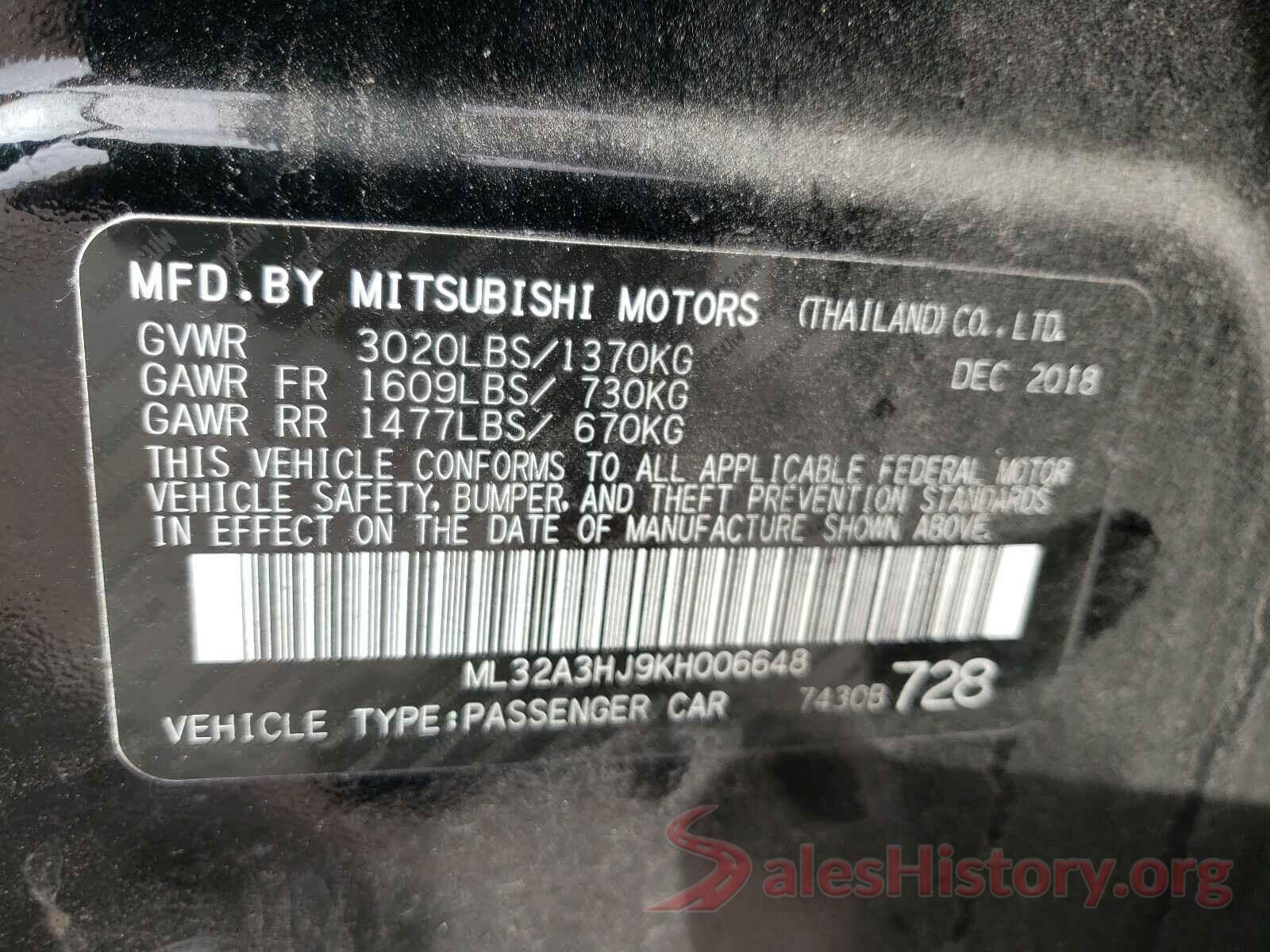 ML32A3HJ9KH006648 2019 MITSUBISHI MIRAGE