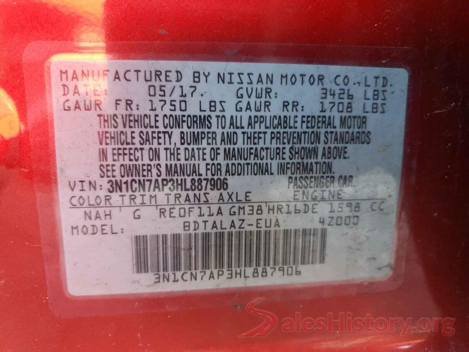 3N1CN7AP3HL887906 2017 NISSAN VERSA