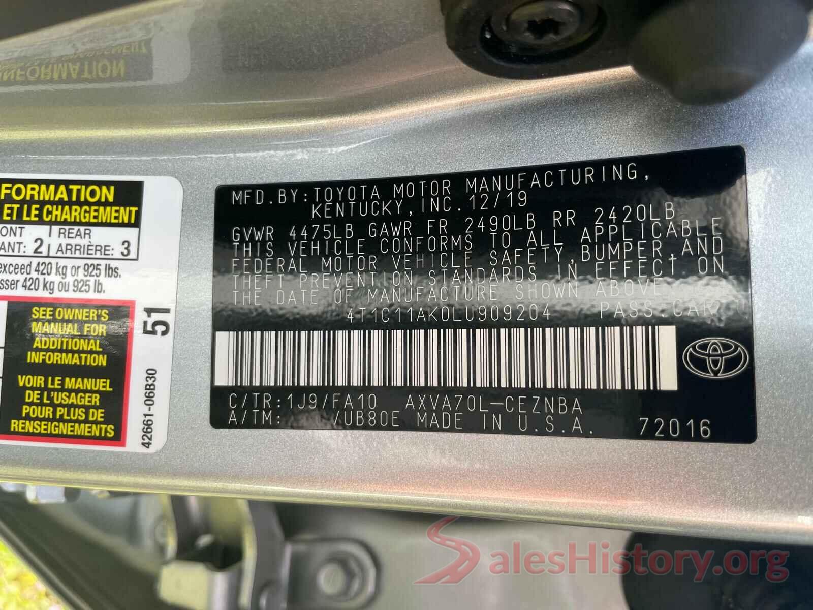 4T1C11AK0LU909204 2020 TOYOTA CAMRY