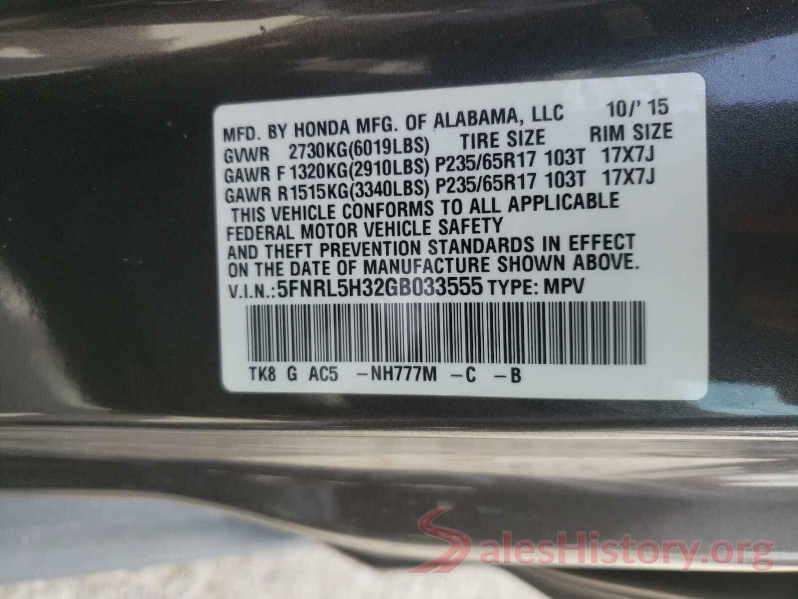 5FNRL5H32GB033555 2016 HONDA ODYSSEY