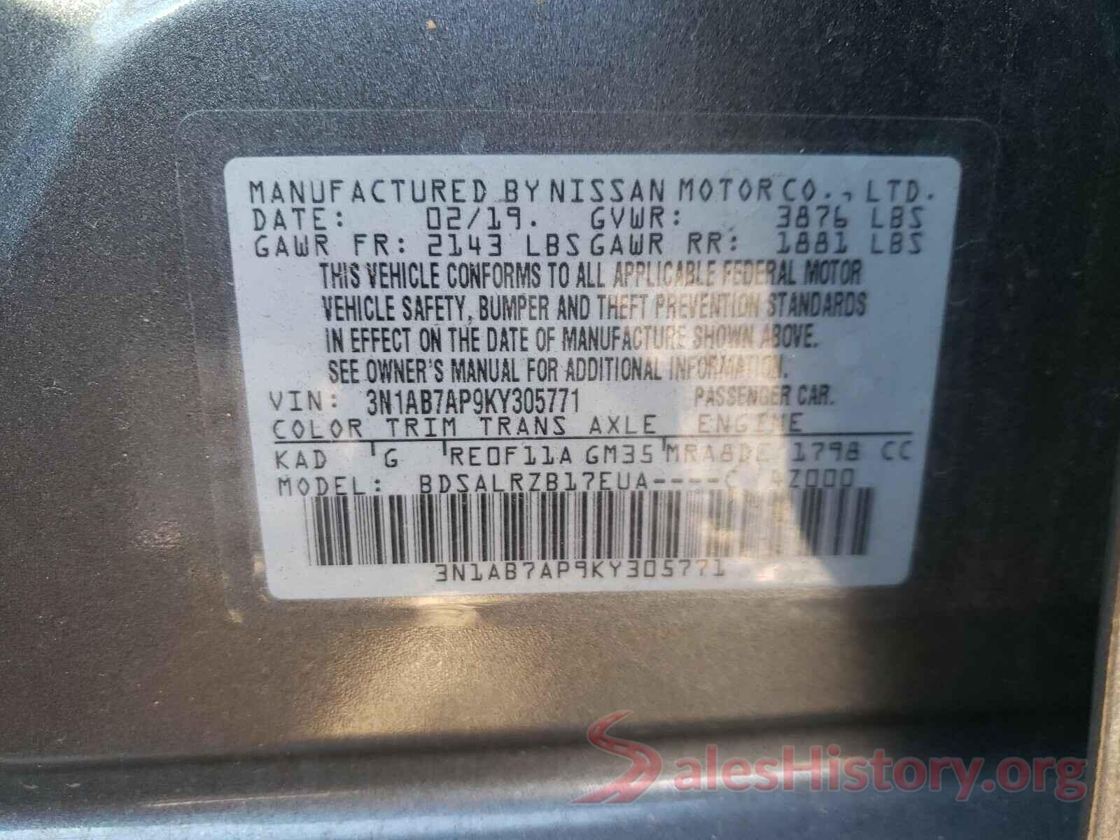 3N1AB7AP9KY305771 2019 NISSAN SENTRA