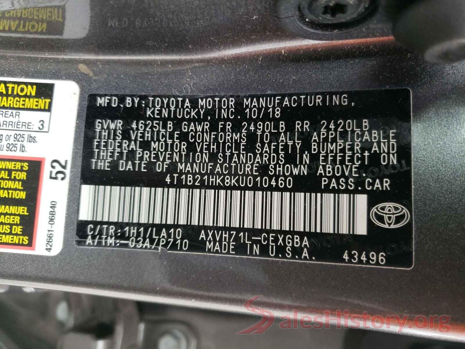 4T1B21HK8KU010460 2019 TOYOTA CAMRY