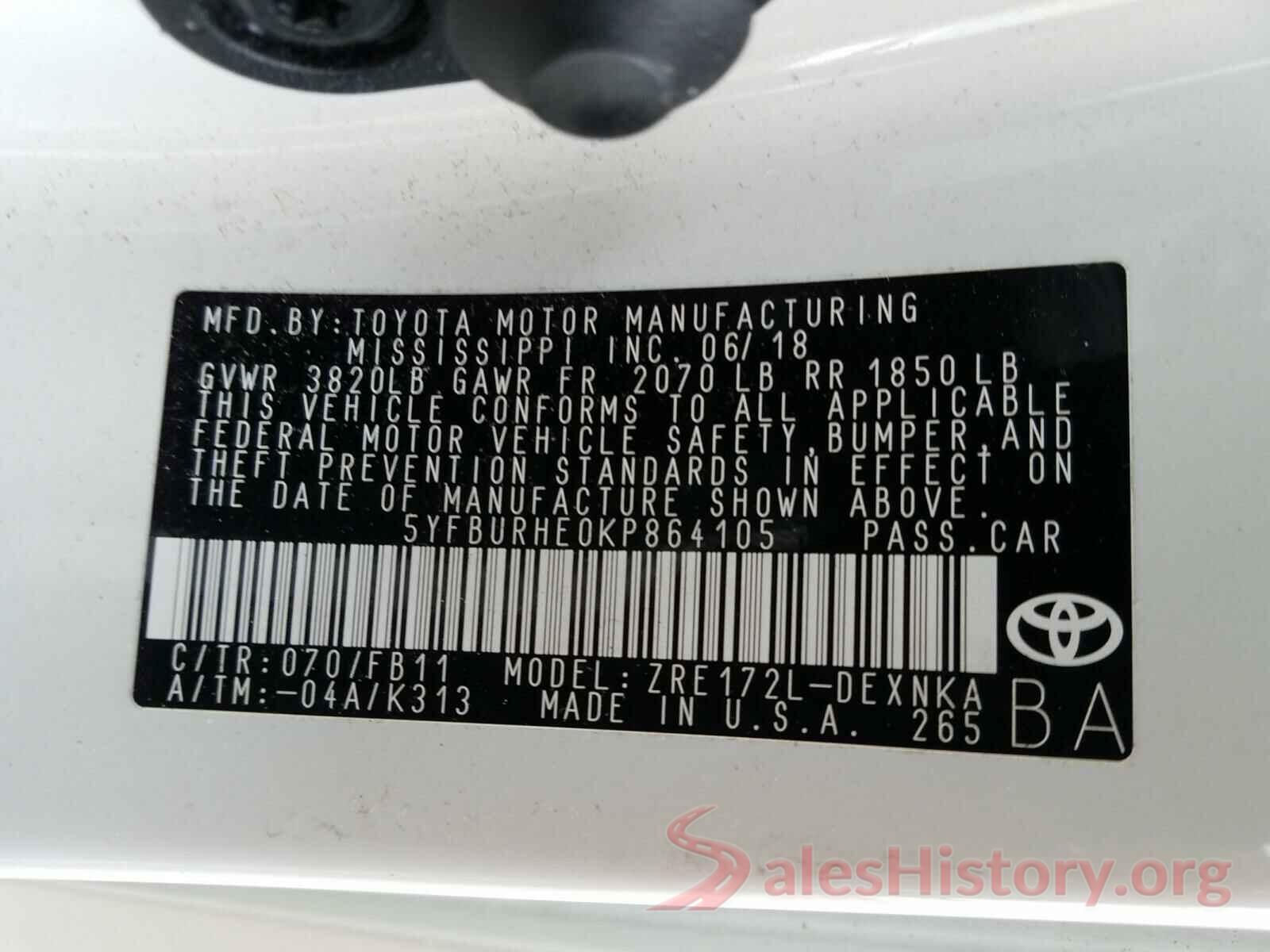 5YFBURHE0KP864105 2019 TOYOTA COROLLA