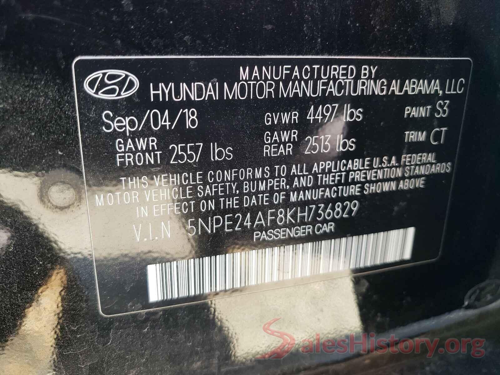 5NPE24AF8KH736829 2019 HYUNDAI SONATA