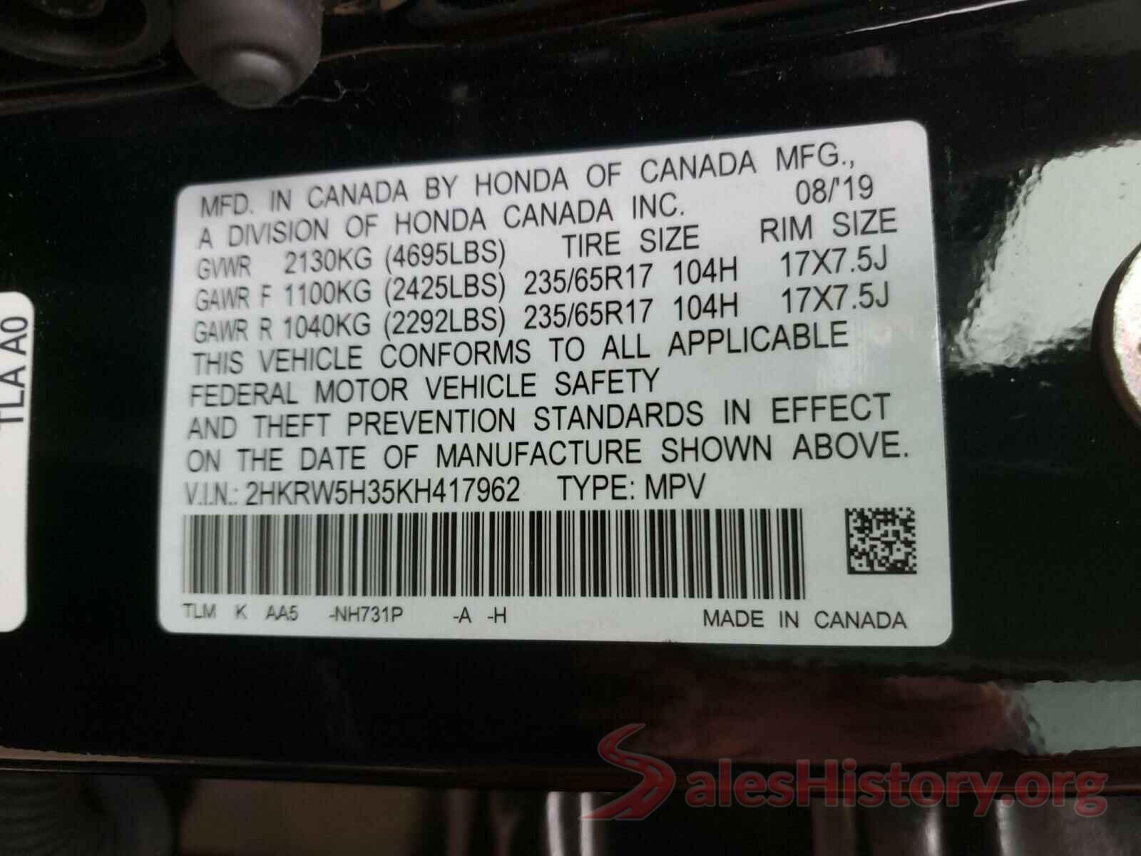 2HKRW5H35KH417962 2019 HONDA CRV