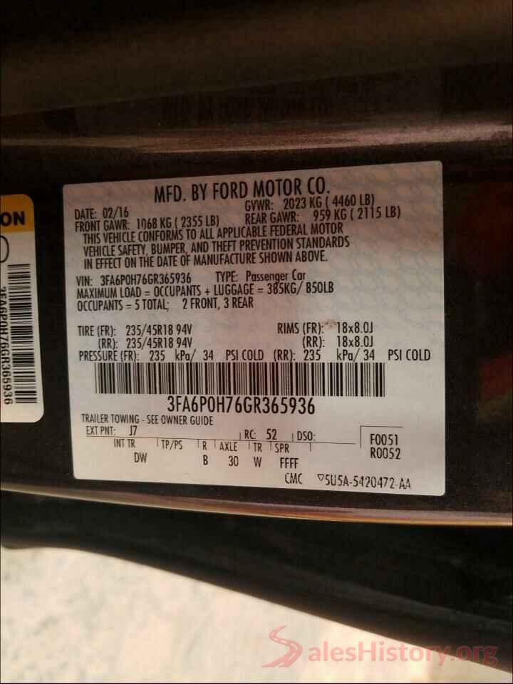 3FA6P0H76GR365936 2016 FORD FUSION