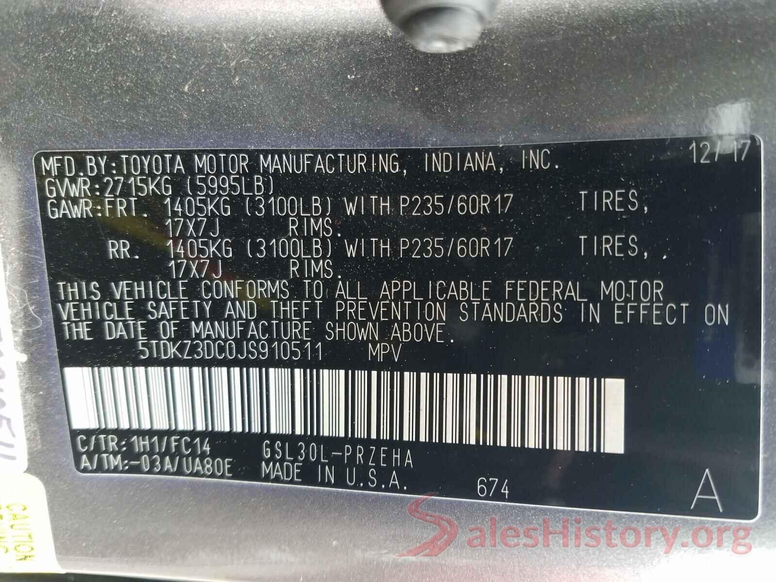 5TDKZ3DC0JS910511 2018 TOYOTA SIENNA