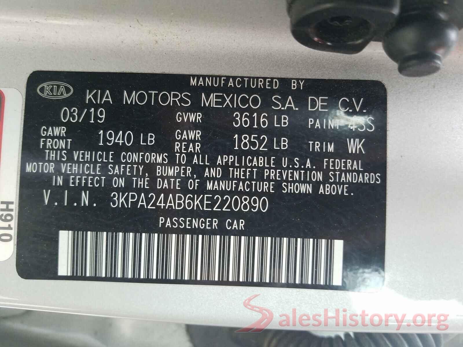 3KPA24AB6KE220890 2019 KIA RIO