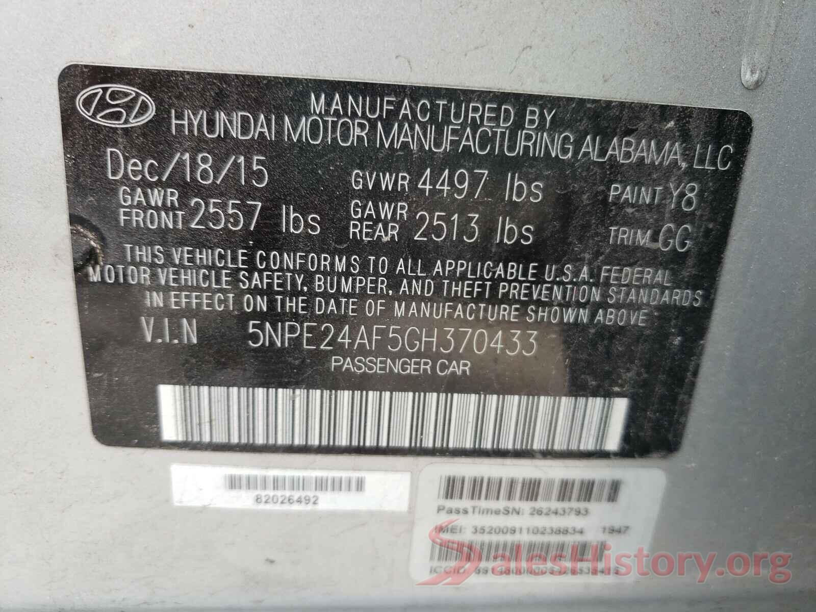 5NPE24AF5GH370433 2016 HYUNDAI SONATA