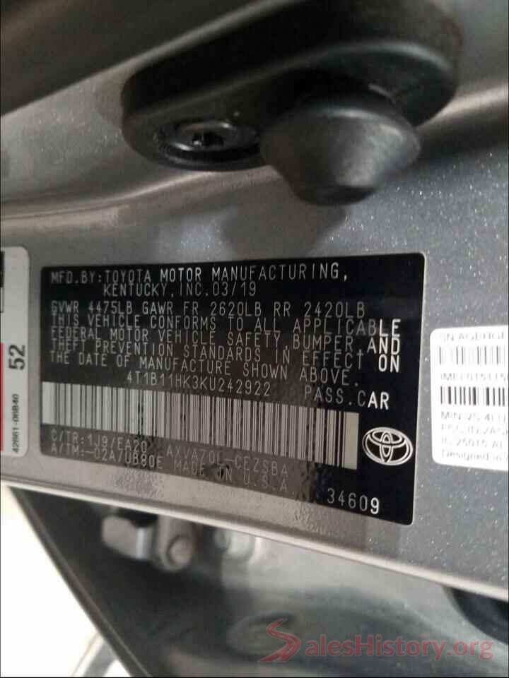 4T1B11HK3KU242922 2019 TOYOTA CAMRY