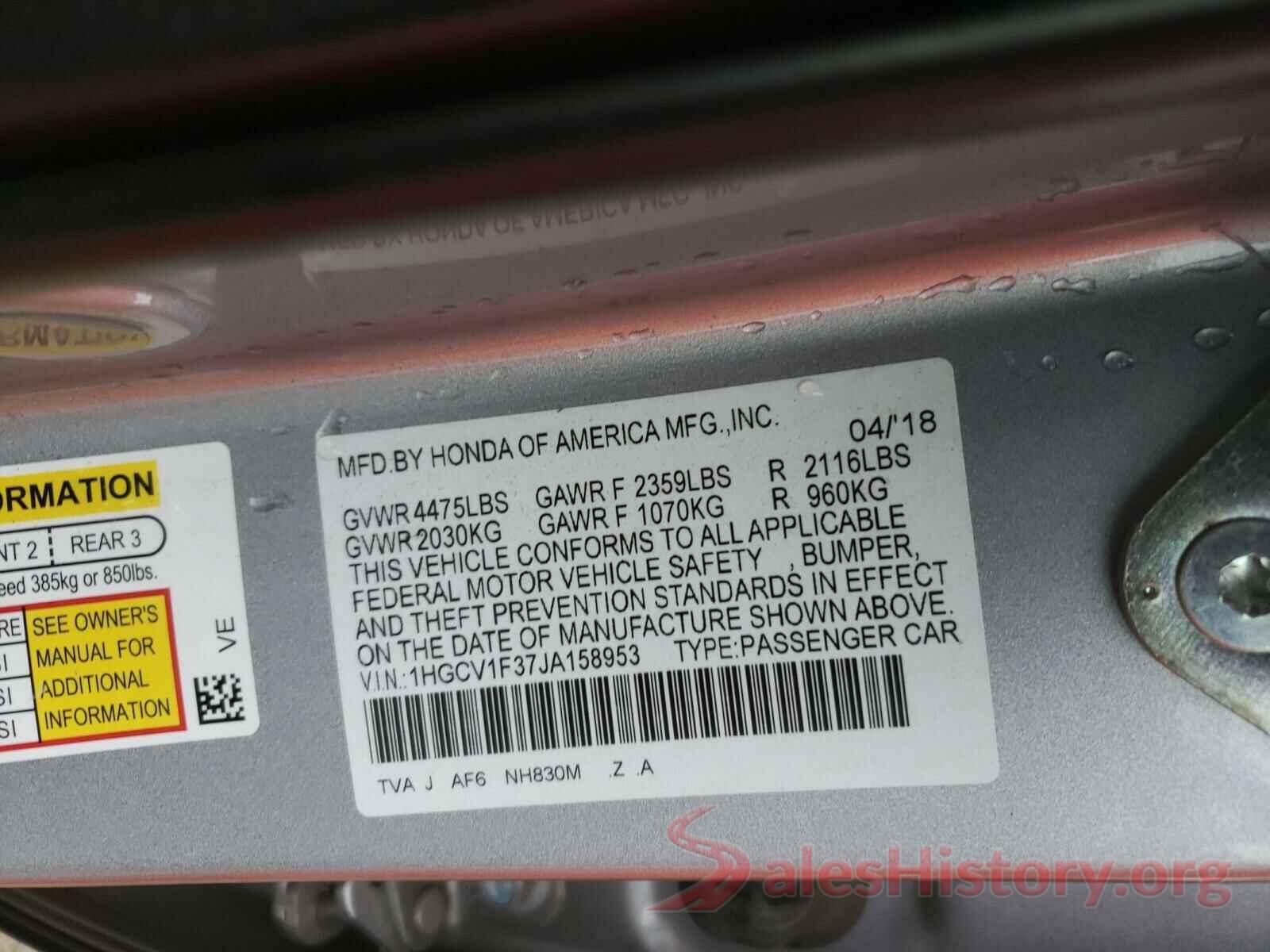 1HGCV1F37JA158953 2018 HONDA ACCORD