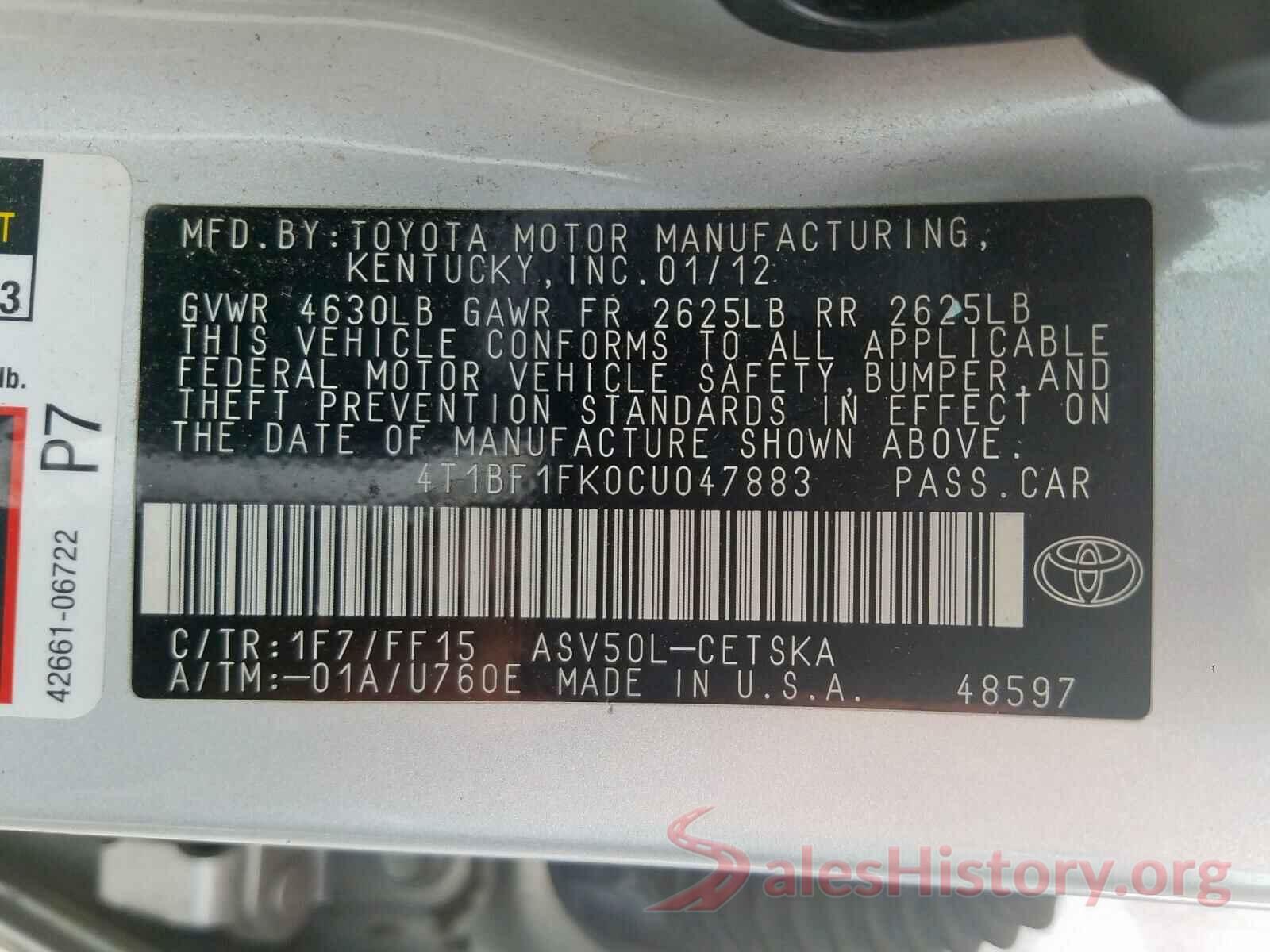 4T1BF1FK0CU047883 2012 TOYOTA CAMRY