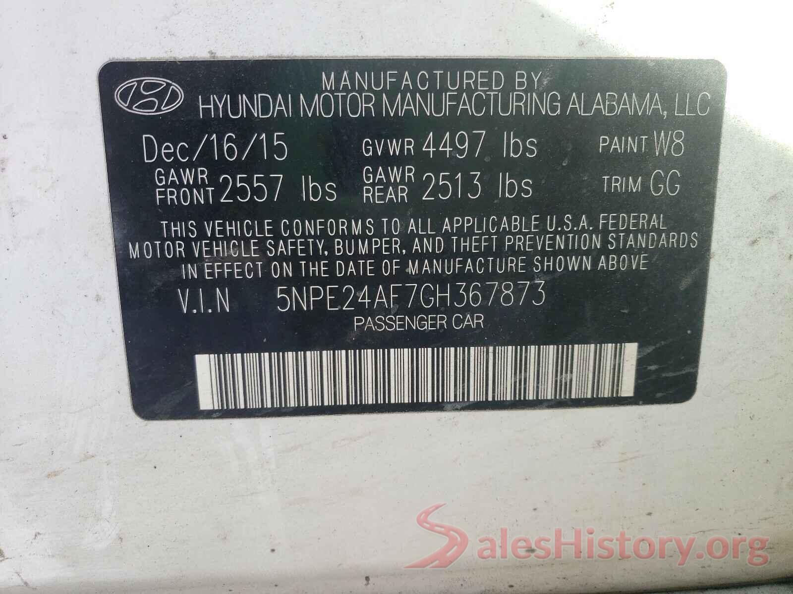 5NPE24AF7GH367873 2016 HYUNDAI SONATA