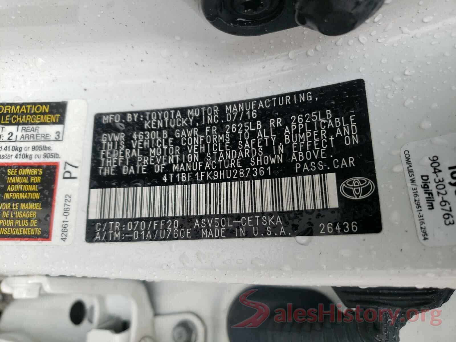 4T1BF1FK9HU287361 2017 TOYOTA CAMRY