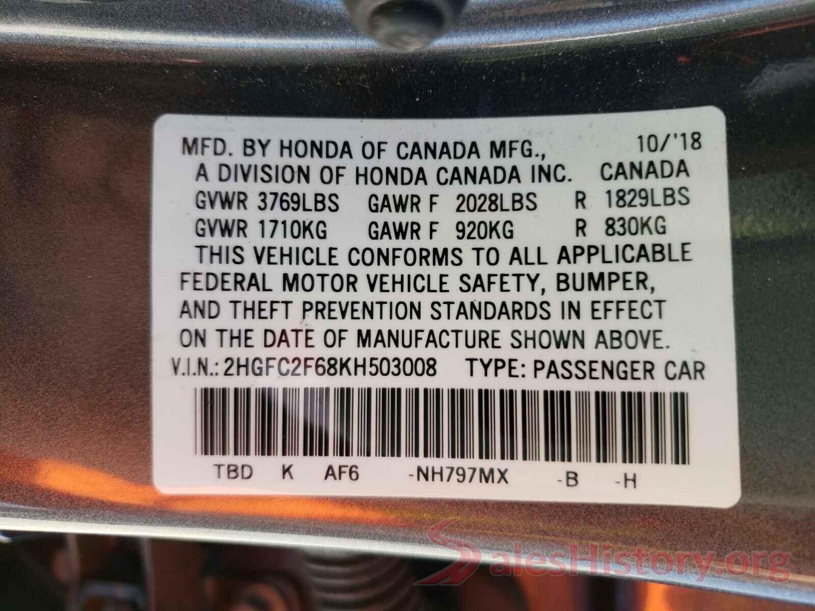 2HGFC2F68KH503008 2019 HONDA CIVIC