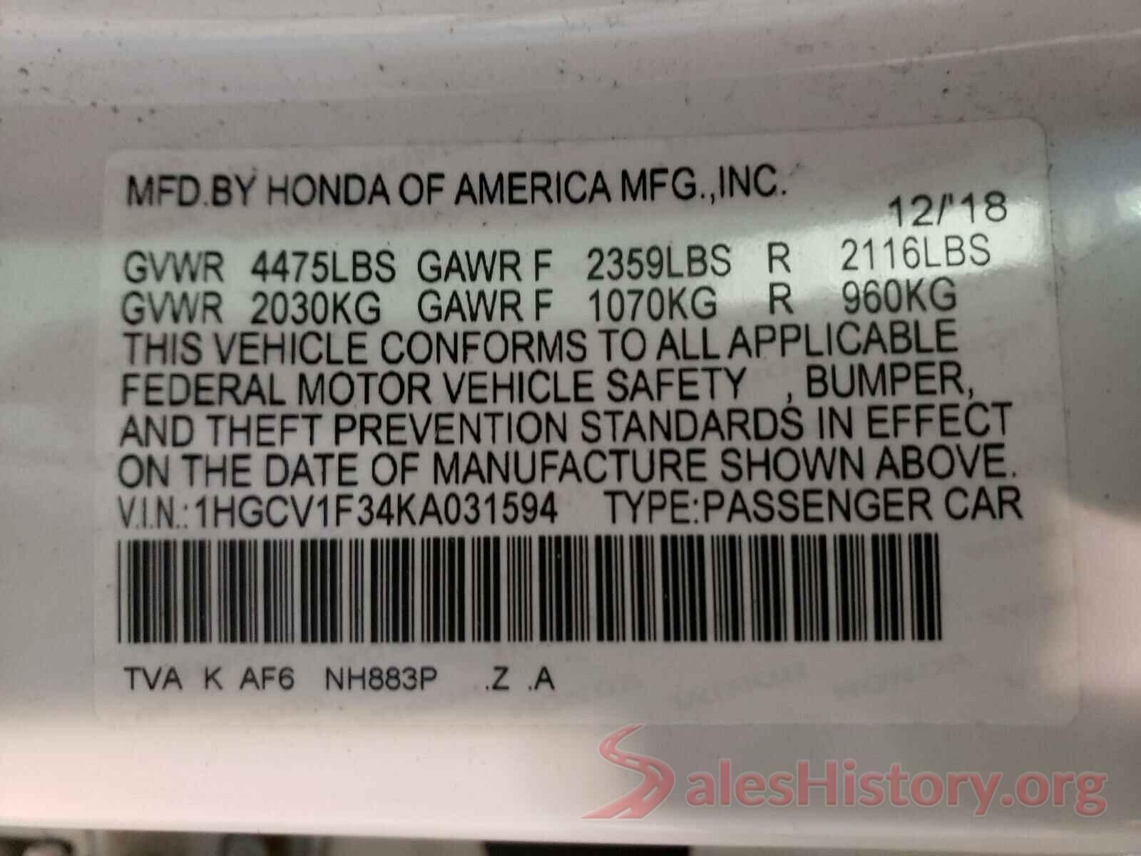 1HGCV1F34KA031594 2019 HONDA ACCORD