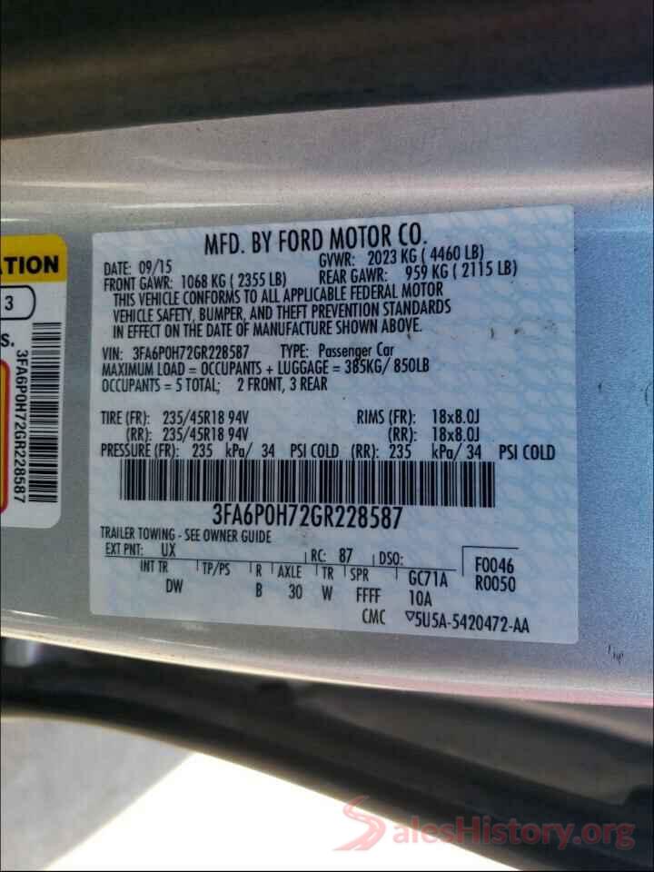 3FA6P0H72GR228587 2016 FORD FUSION