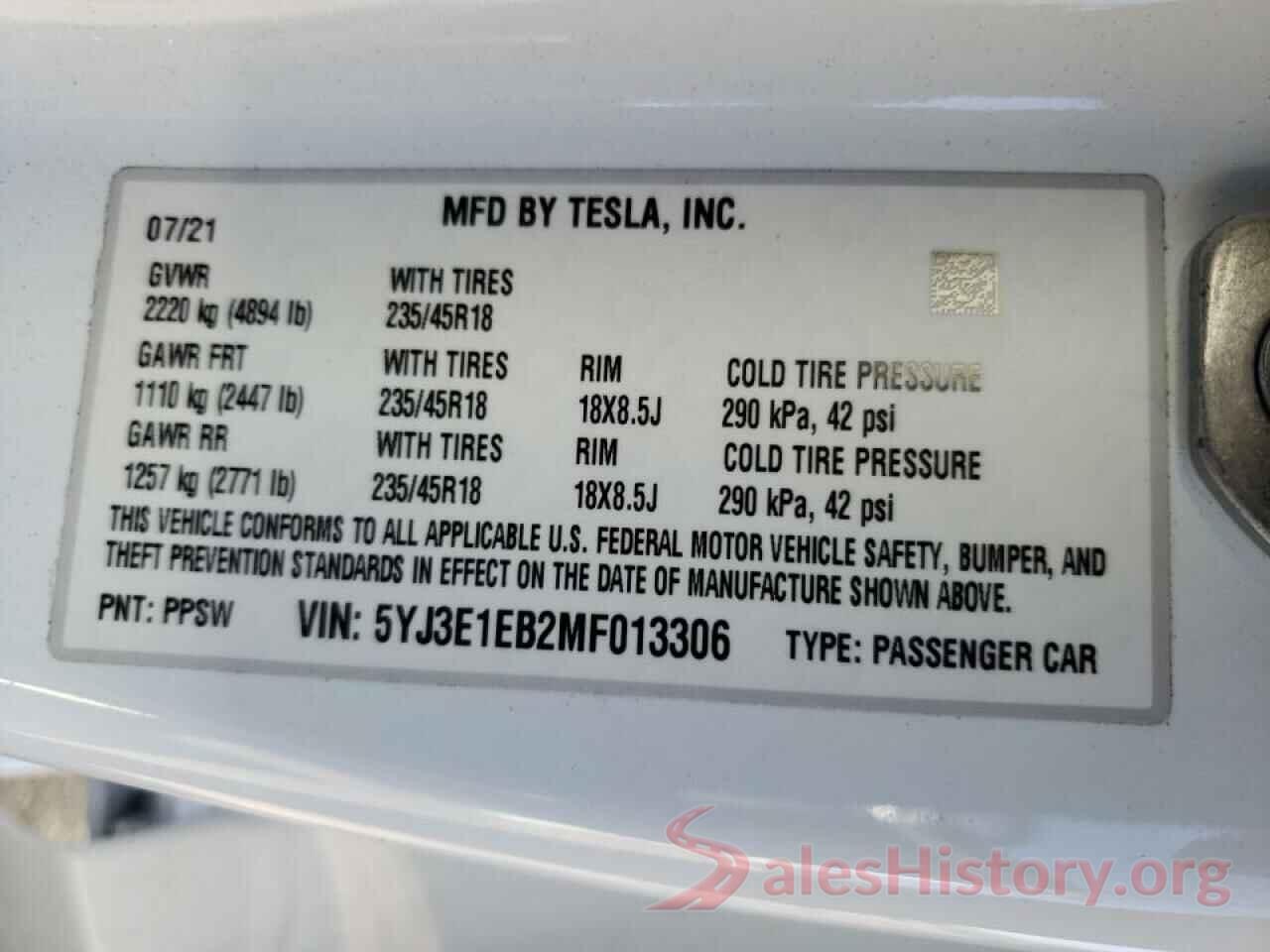 5YJ3E1EB2MF013306 2021 TESLA MODEL 3