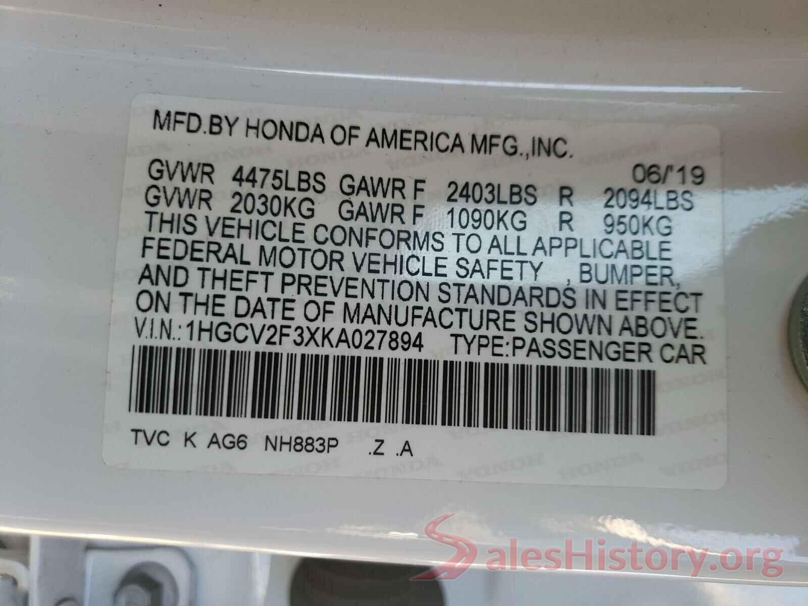 1HGCV2F3XKA027894 2019 HONDA ACCORD