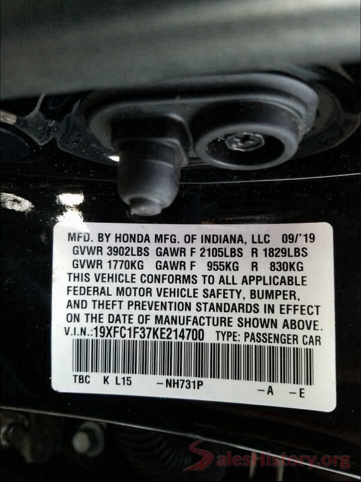 19XFC1F37KE214700 2019 HONDA CIVIC