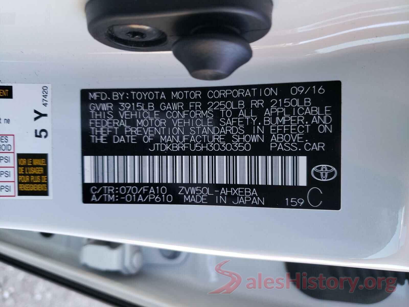 JTDKBRFU5H3030350 2017 TOYOTA PRIUS