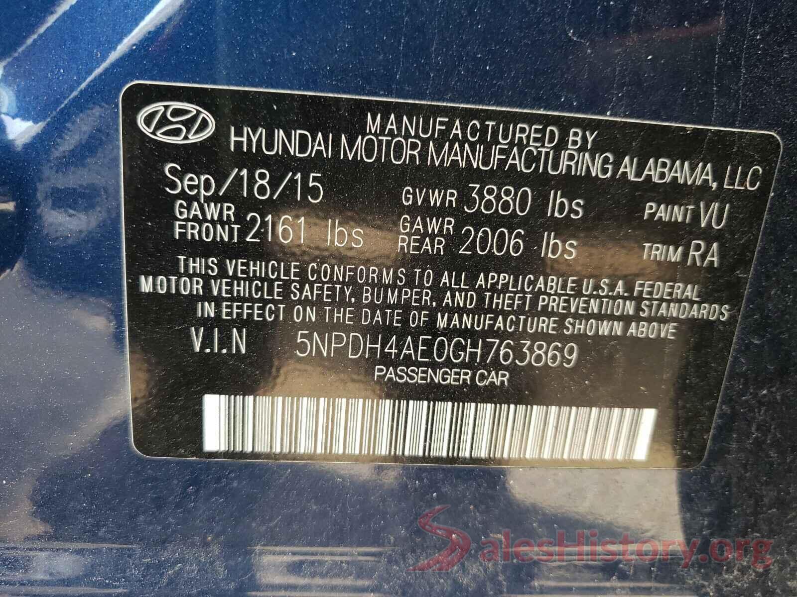 5NPDH4AE0GH763869 2016 HYUNDAI ELANTRA