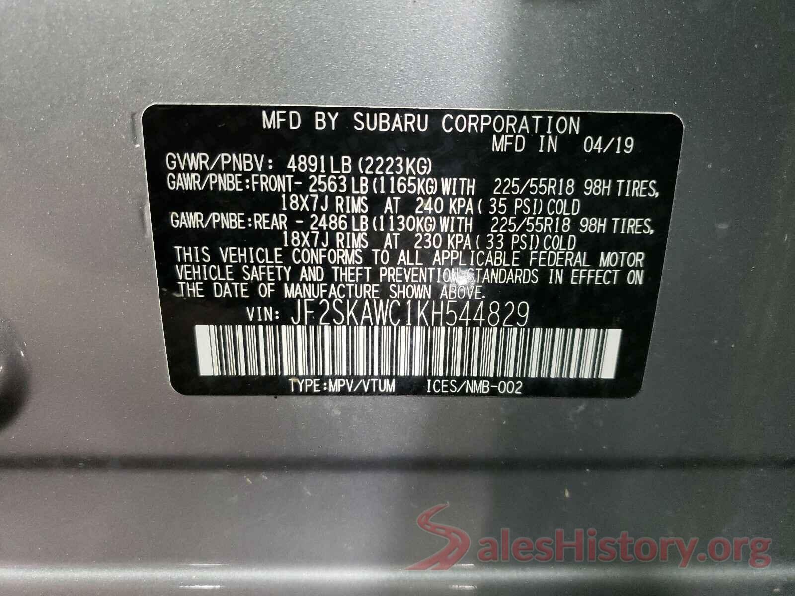 JF2SKAWC1KH544829 2019 SUBARU FORESTER