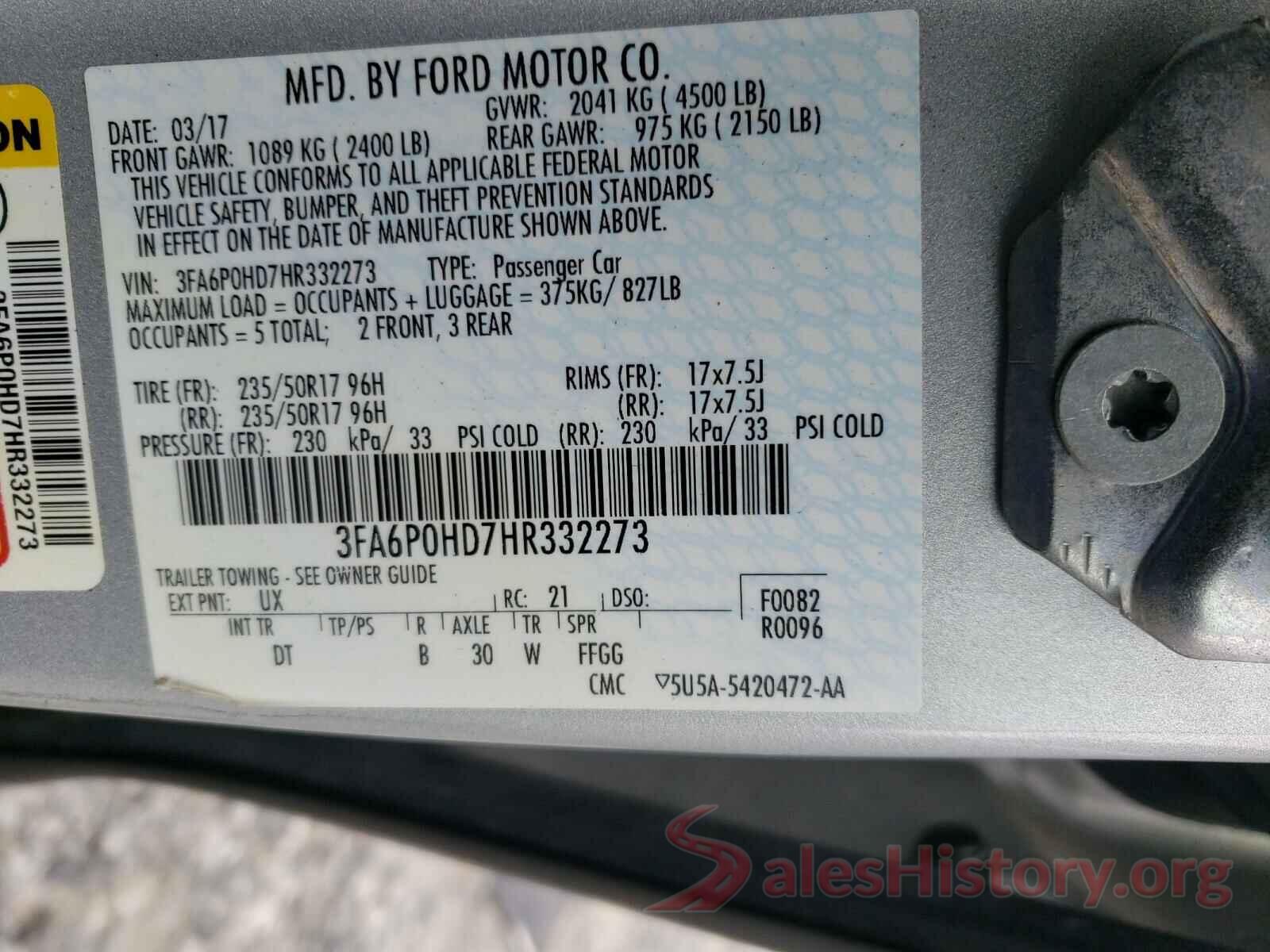 3FA6P0HD7HR332273 2017 FORD FUSION