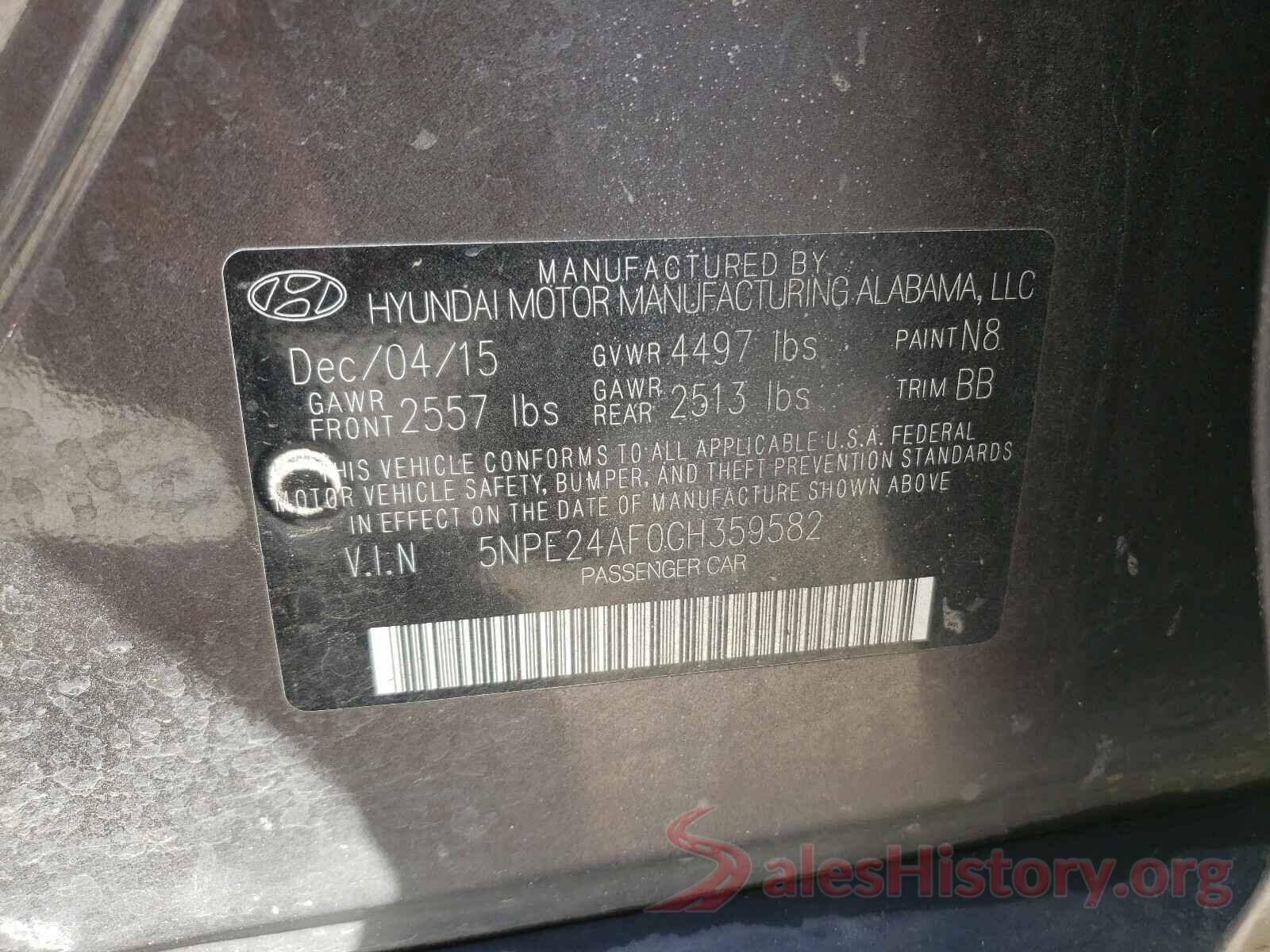 5NPE24AF0GH359582 2016 HYUNDAI SONATA