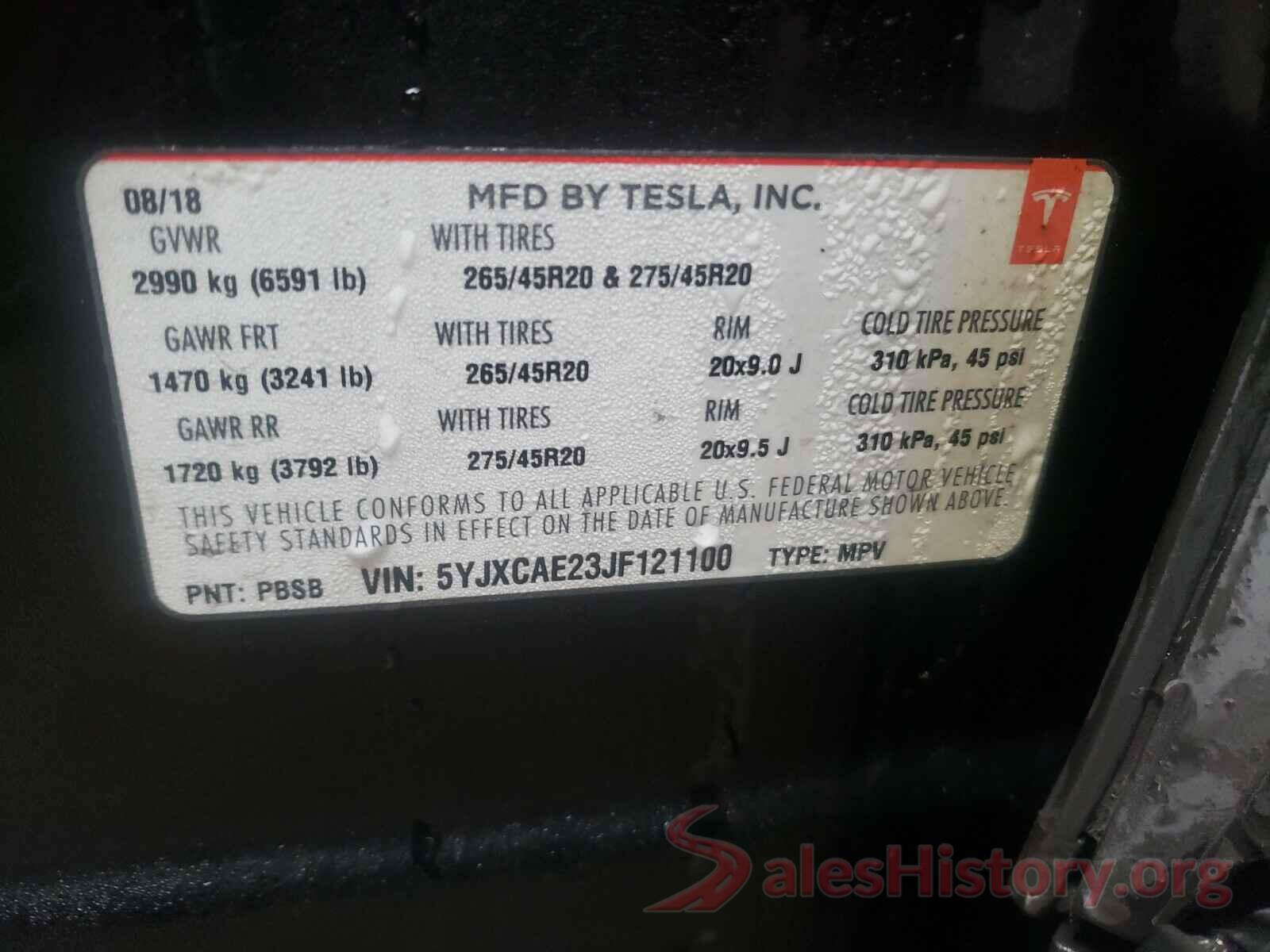 5YJXCAE23JF121100 2018 TESLA MODEL X