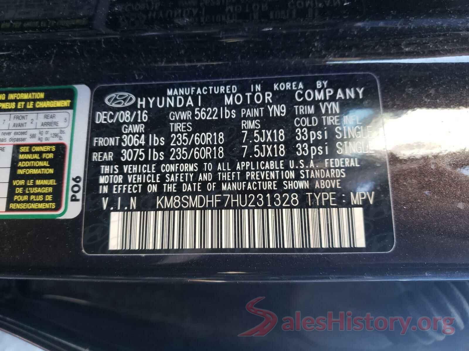 KM8SMDHF7HU231328 2017 HYUNDAI SANTA FE