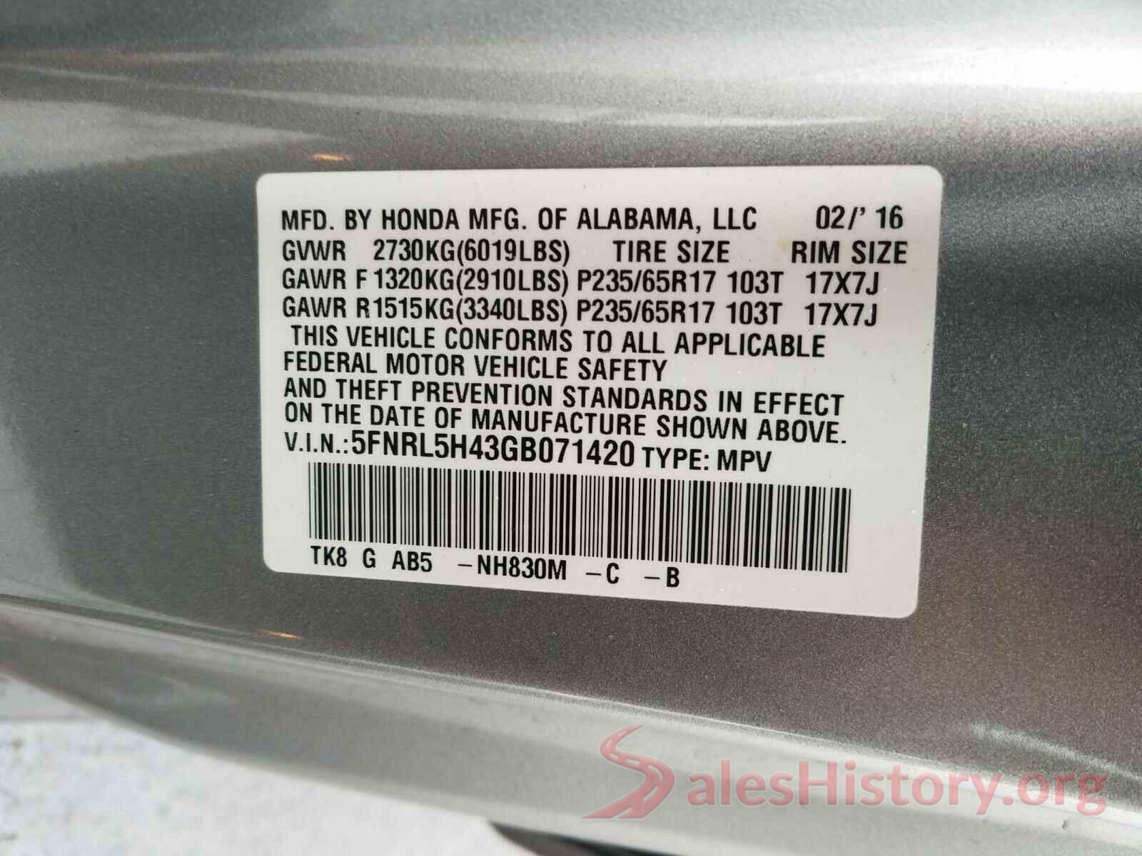 5FNRL5H43GB071420 2016 HONDA ODYSSEY