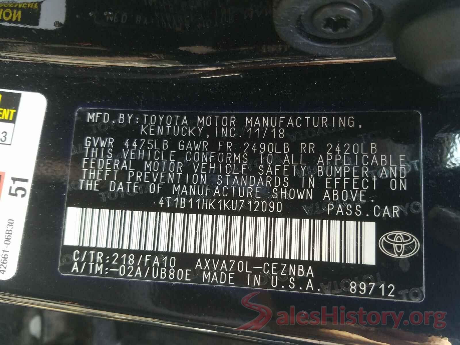 4T1B11HK1KU712090 2019 TOYOTA CAMRY