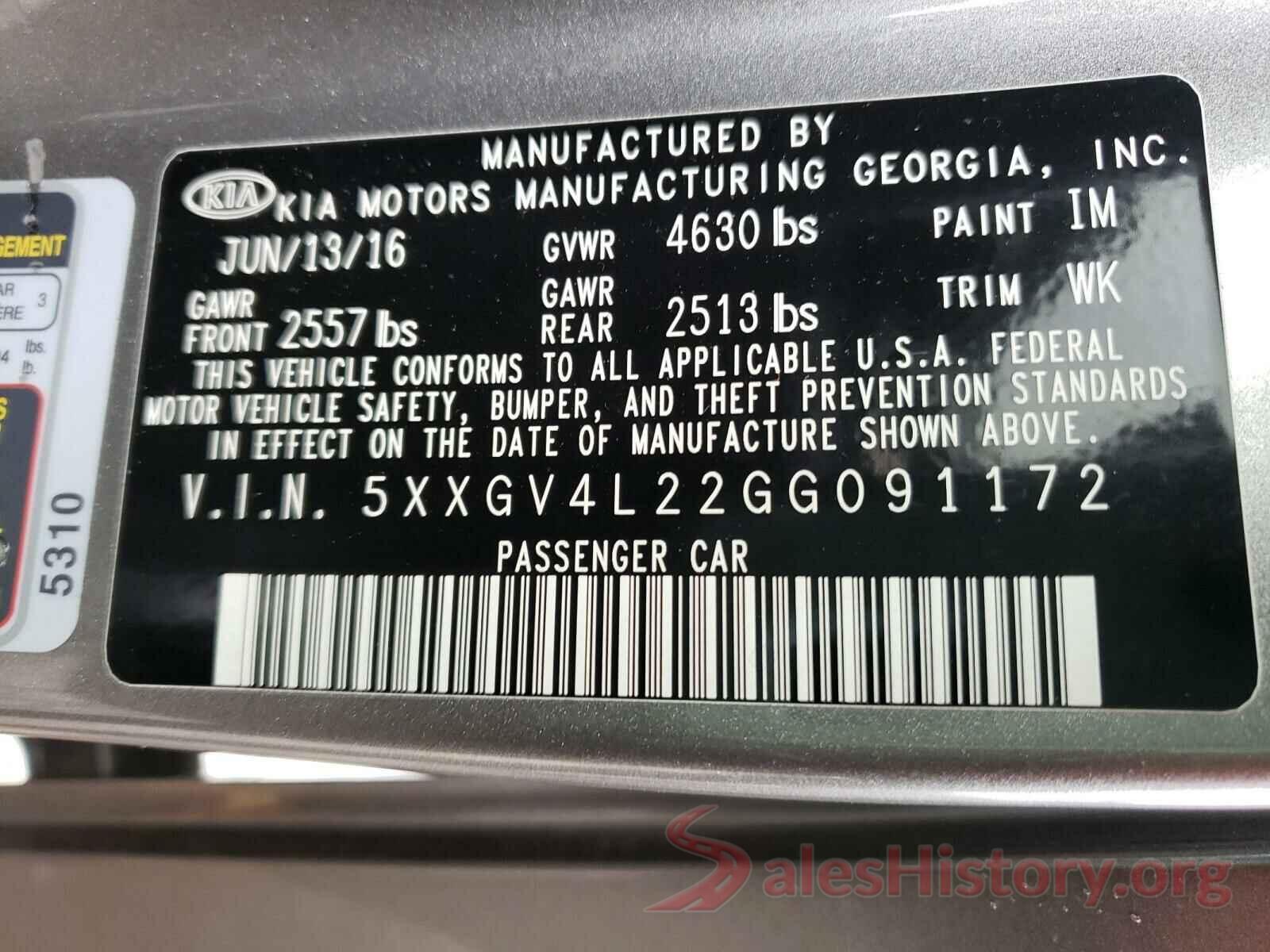 5XXGV4L22GG091172 2016 KIA OPTIMA