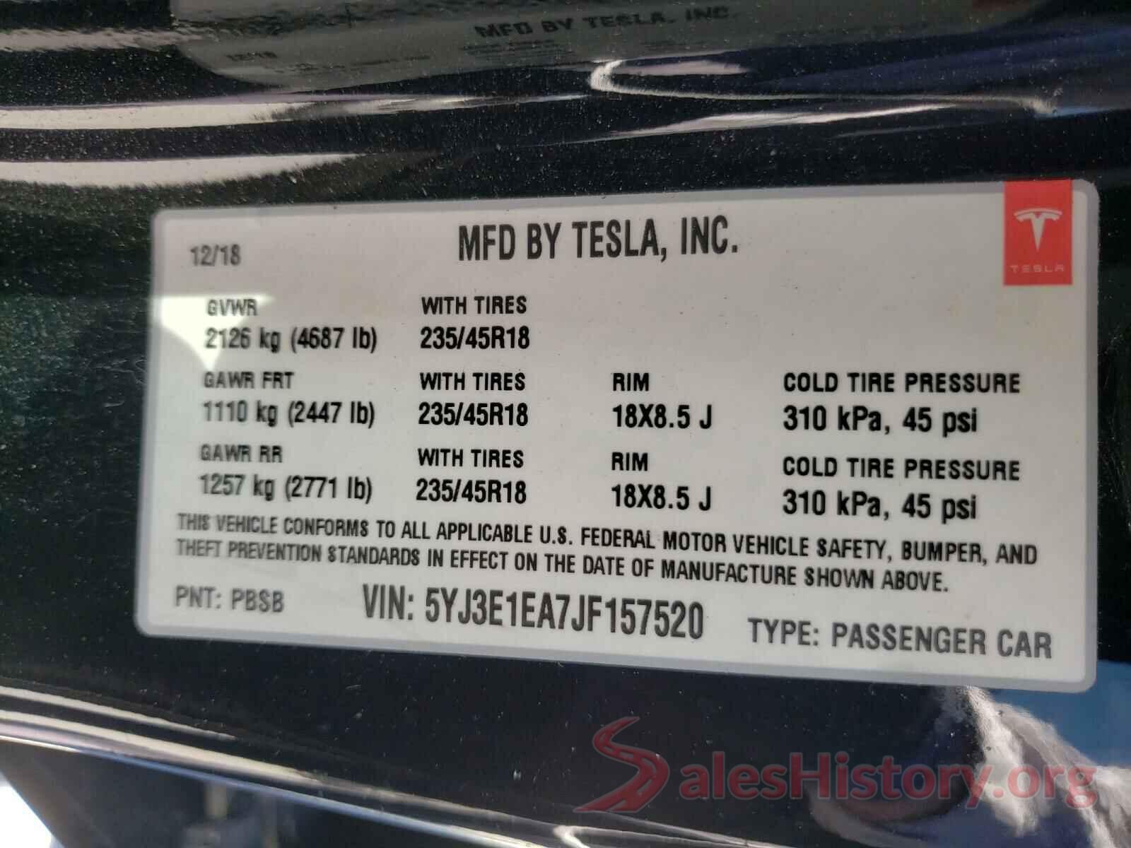 5YJ3E1EA7JF157520 2018 TESLA MODEL 3